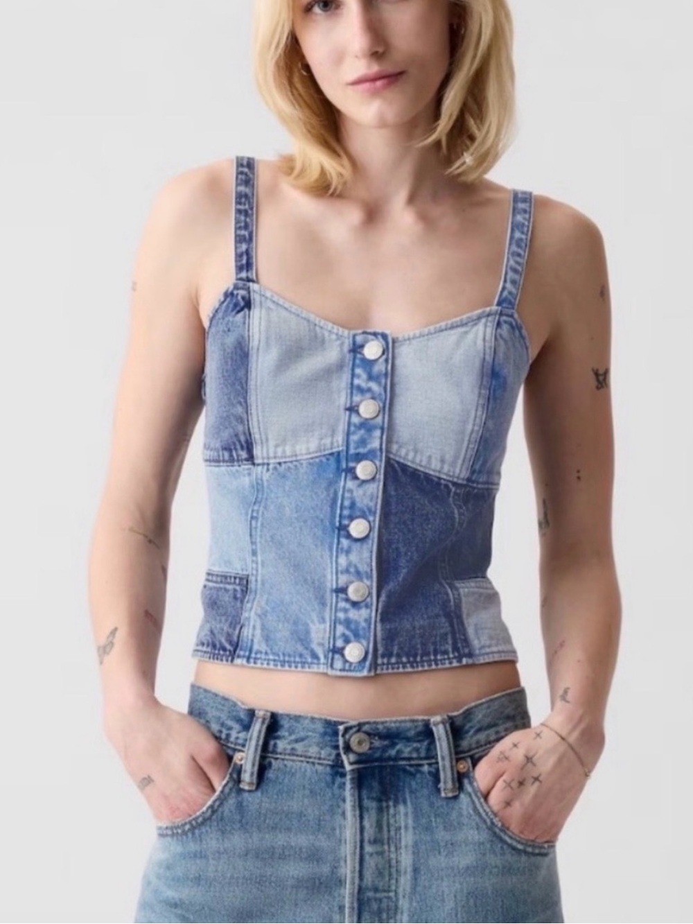GAP Denim Button-Front Corset Tank Top - Two-Tone patchwork Blue
